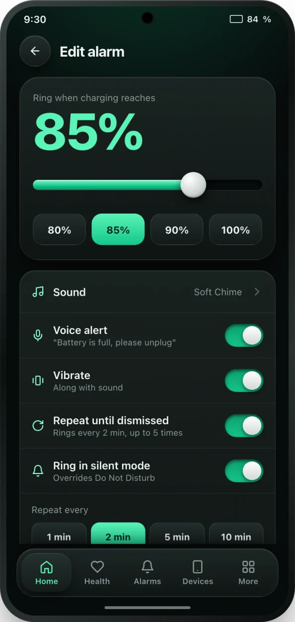 bCare edit alarm screen set to ring at 85%, with sound, voice alert, vibration and repeat options
