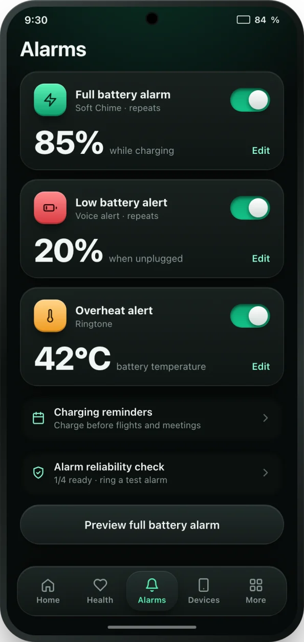 bCare alarms screen with a full battery alarm at 85%, a low battery alert at 20% and an overheat alert at 42°C