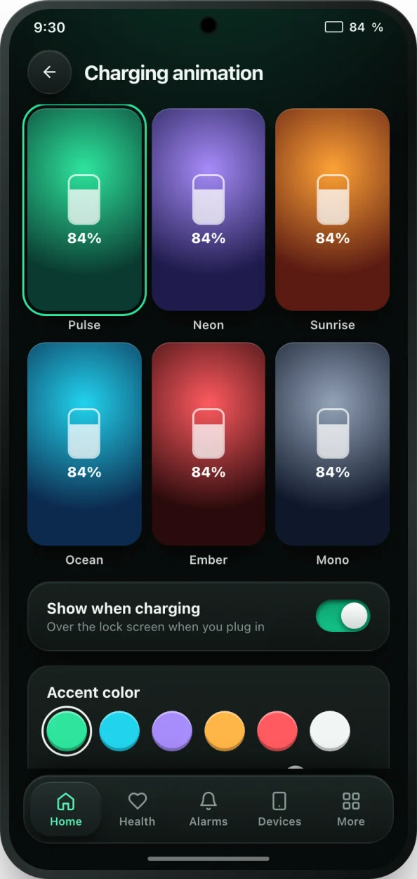 bCare charging animation picker with six full-screen styles and accent colours