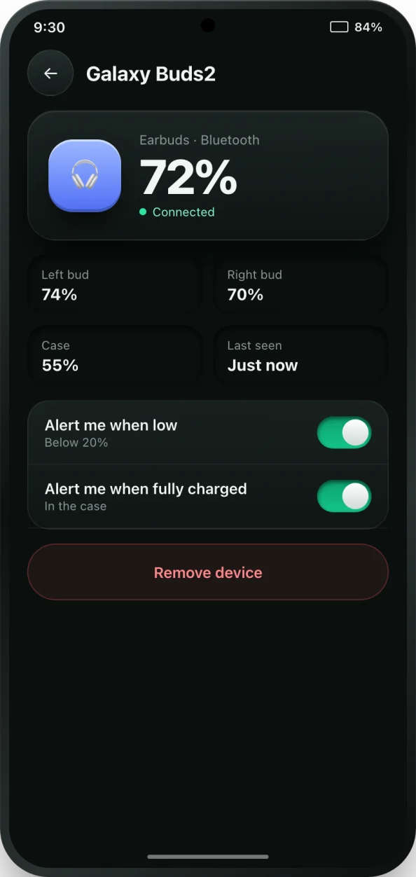 bCare Bluetooth device detail for Galaxy Buds2 at 72%, with left bud, right bud and case levels