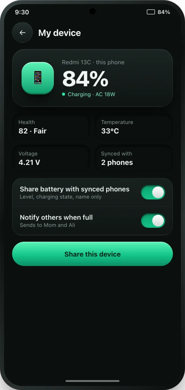 bCare linked phone detail showing a battery at 84%, health, temperature and voltage