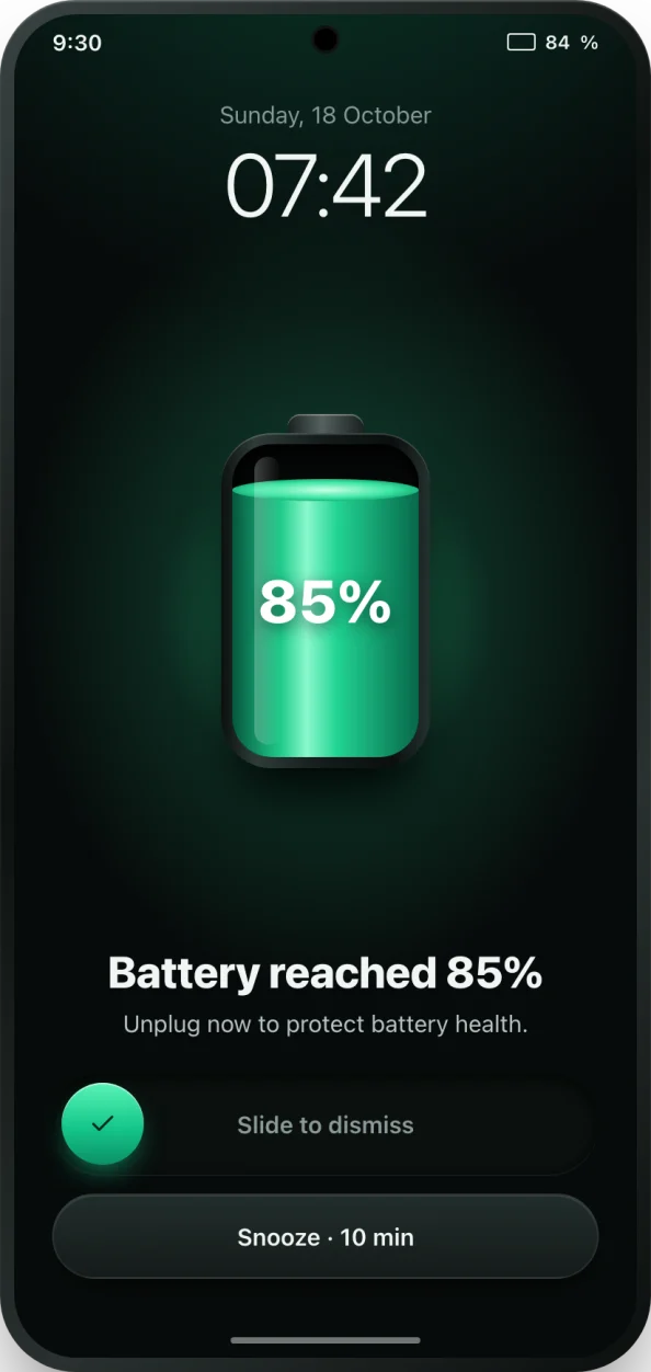 bCare full-screen alarm saying the battery reached 85%, with slide to dismiss and snooze buttons
