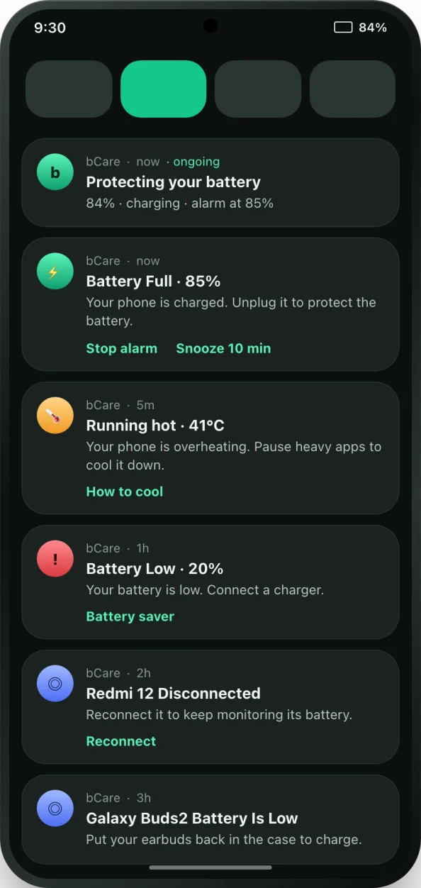 Android notification shade with bCare notifications for charging, a full battery and overheating